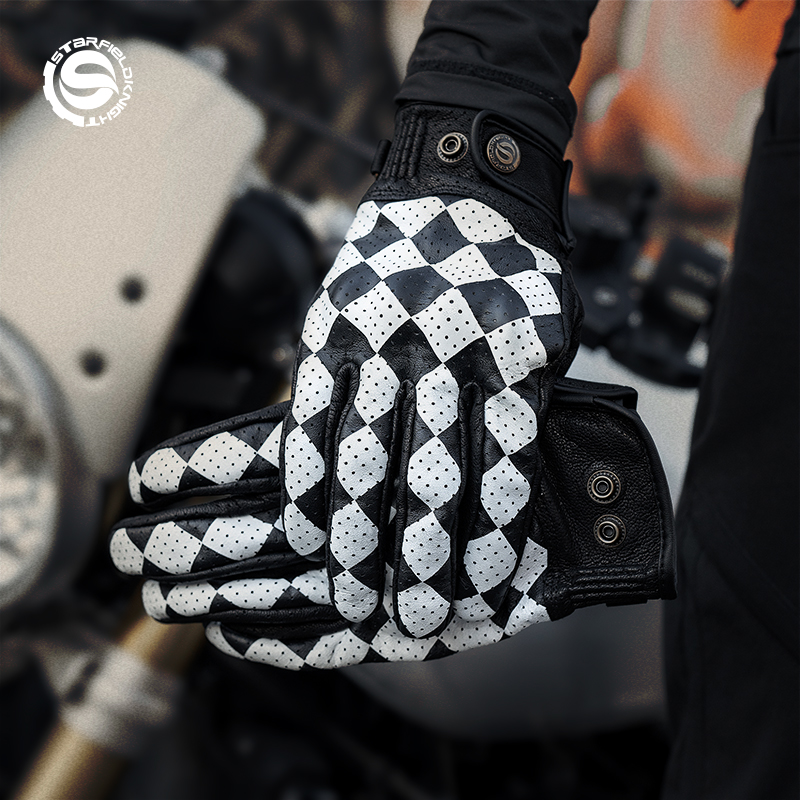 Motorcycle Wearing Gear - スターフィールドナイトブラック&ホワイトオートバイグローブレトロライディングギア夏用通気性本物のヤギ革滑り止め耐摩耗性