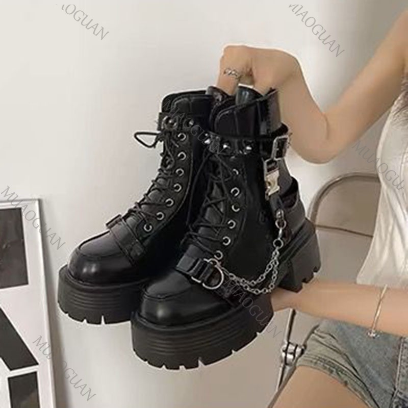 甘いパンク厚底アンクルブーツ女性のための秋の新黒リベットゴシ - Motorcycle Gear Pants のレビューと価格