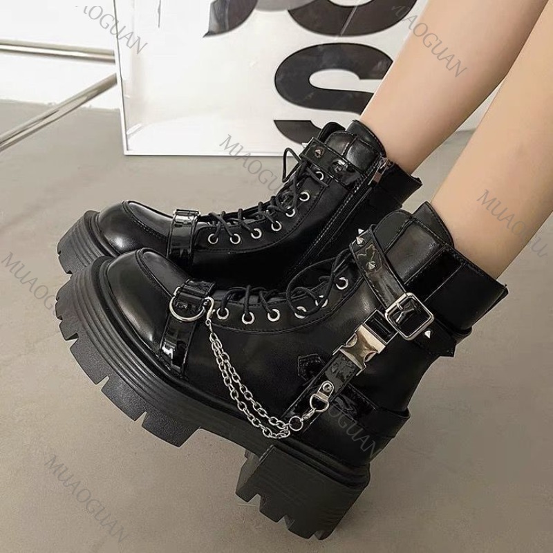 甘いパンク厚底アンクルブーツ女性のための秋の新黒リベットゴシ - Motorcycle Gear Pants のレビューと価格